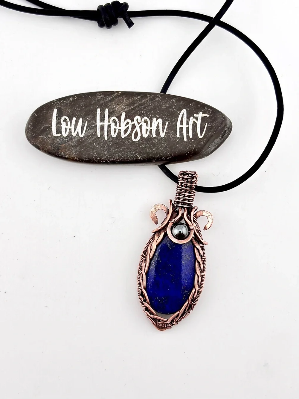 HANDMADE Lapis Lazuli Hematite Copper Wire Wrapped Masculine Pendant Necklace